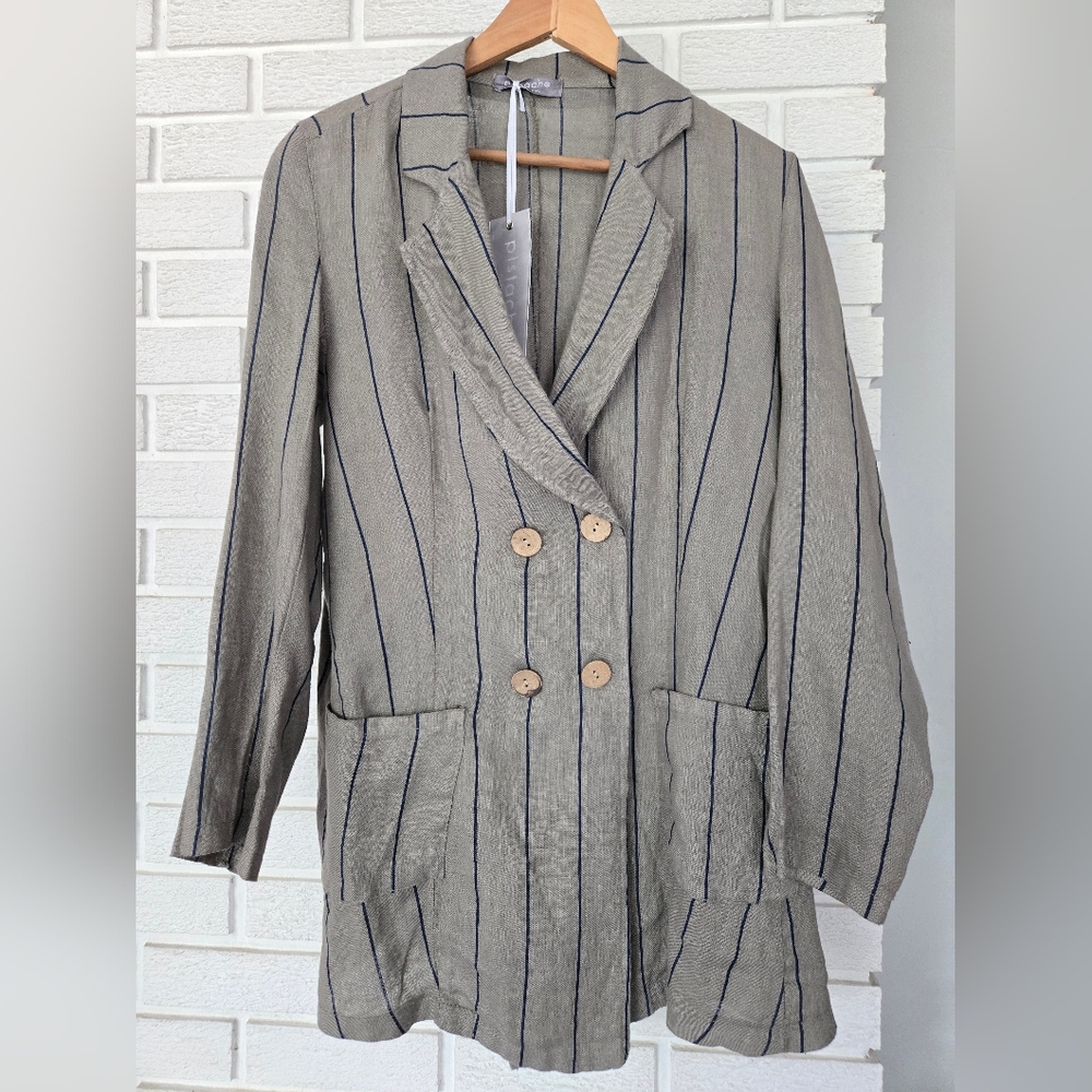 NWT Panache Beige and Navy Striped Linen blazer, Size Medium